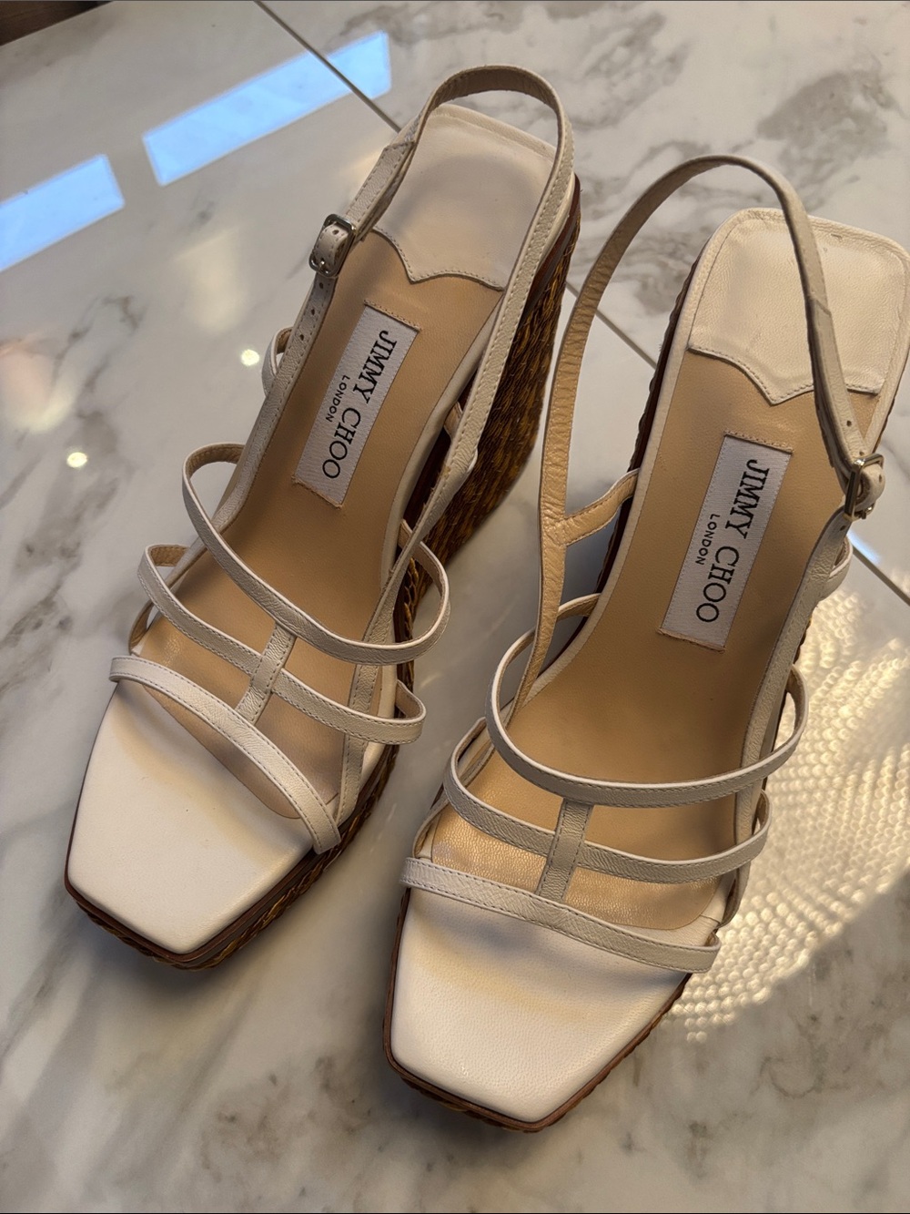 Jimmy Choo White Strappy Wedge Sandals